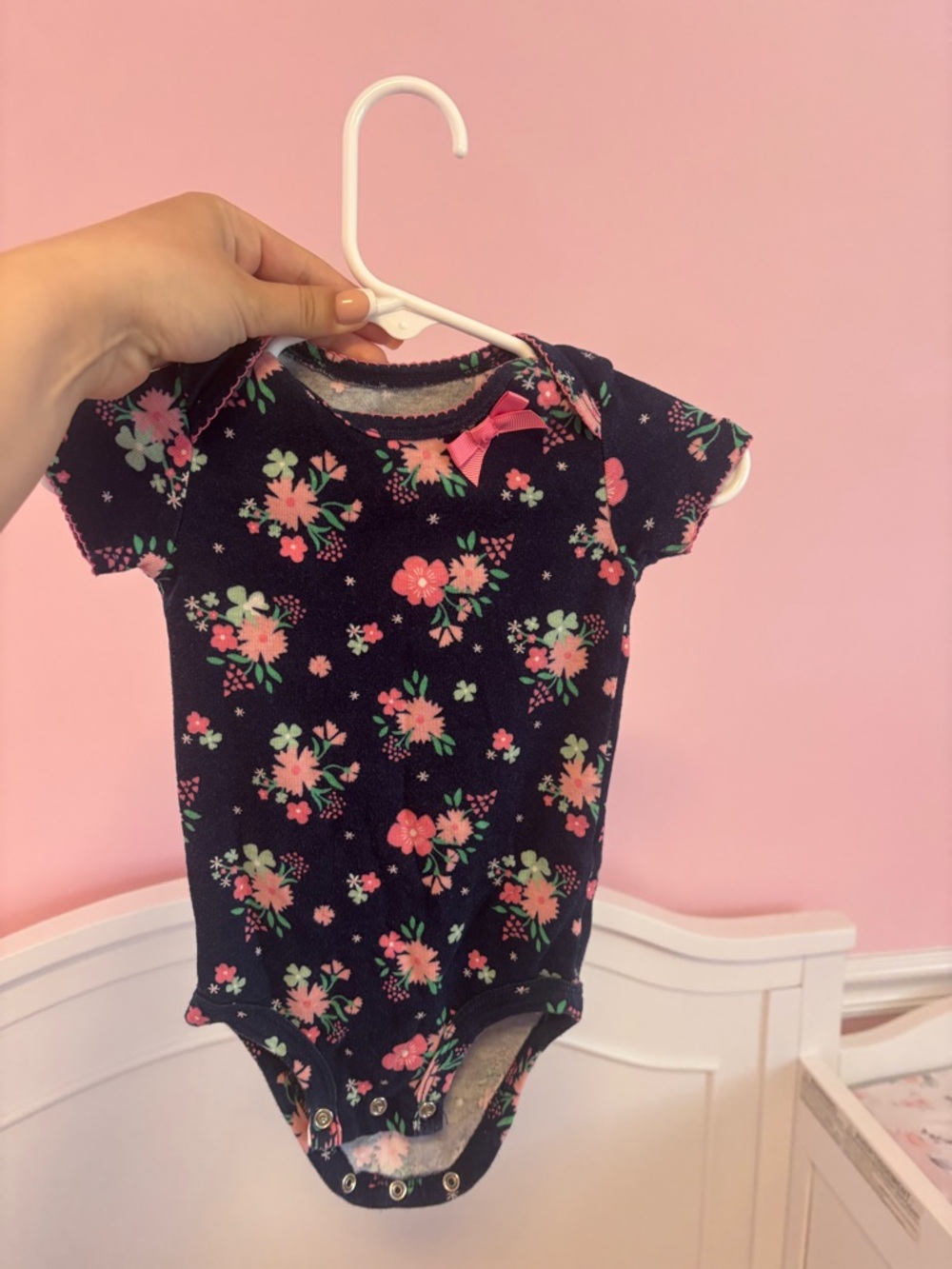 Floral Baby Girl Short Sleeve Onesie - Navy with Pink & Mint Flowers